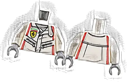 Torso Racing Suit with Ferrari Logo, Black Zippers, Red Stripes Pattern / White Arms / Light Bluish Gray Hands