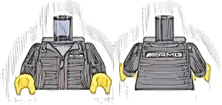 Torso Jacket with Red Zipper and Pockets, Dark Bluish Gray Stripes, White 'AMG' Logo Pattern / Black Arms / Yellow Hands