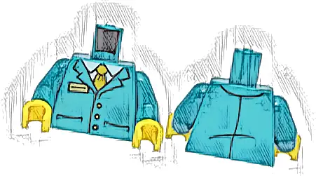 Torso Suit Jacket with 3 Buttons and Pockets over White Shirt, Bright Light Orange Tie, Gold Badge Pattern / Dark Turquoise Arms / Yellow Hands