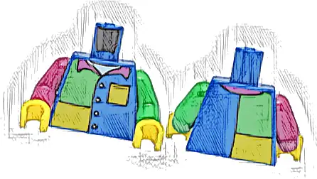 Torso Jacket over White Shirt, Magenta Collar, Bright Light Orange and Bright Green Panels Pattern / Bright Green Arm Left / Magenta Arm Right / Yellow Hands