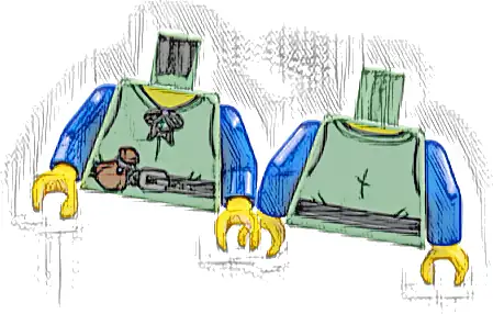 Torso Laced Shirt, Yellow Neck, Black Belt, Silver Buckle, Reddish Brown Pouch Pattern / Blue Arms / Yellow Hands