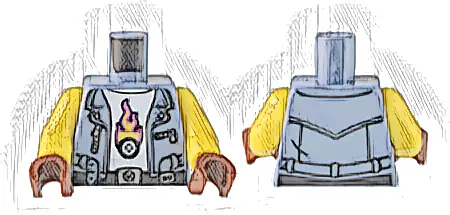 Torso Vest with Belt and Silver Zippers over White Shirt with Tire with Flames Pattern / Yellow Arms / Reddish Brown Hands