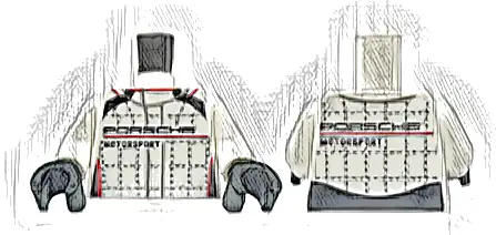 Torso Racing Suit with 'PORSCHE MOTORSPORT', Black and Red Stripes, and Silver Lines and Stitching Pattern / White Arms / Black Hands