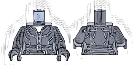 Część LEGO® 973pb5158c02 Tułów kobiecy strój z srebrnym zamkiem, ciemnoszarym niebieskim pasem z ciemnoczerwoną klamrą, jasnobrązowa szyja, wzór / czarne ramiona / czarne dłonie