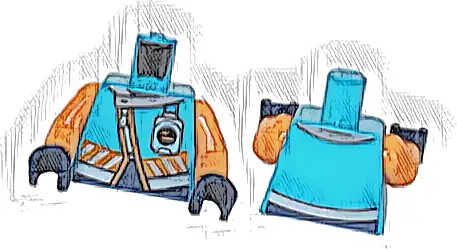 Torso Vest with White Name Badge and Silver Collar and Reflective Stripes over Dark Blue Shirt Pattern / Orange Arms / Dark Blue Hands