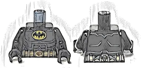 Torso Batman Logo, Dark Bluish Gray Armor Contour Lines, Gold Utility Belt with Batarang on Back Pattern / Black Arms / Black Hands