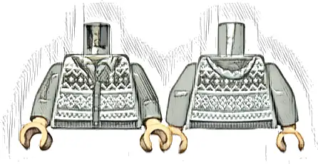 Torso Knit Fair Isle Cardigan Sweater with Hood, Dark Bluish Gray Trim and Waistband, and White Knitting over Shirt, Black Neck Pattern / Light Bluish Gray Arms / Light Nougat Hands