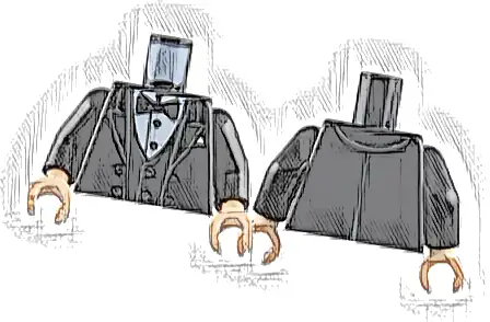 Torso Tuxedo Jacket Open with Dark Bluish Gray Outlined Lapels over Vest and White Shirt with Silver Buttons, Bow Tie, Pocket Square Pattern / Black Arms / Light Nougat Hands