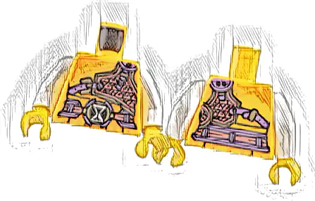 Torso Robe with Orange Lines, Medium Lavender, Coral and Silver Outlined Armor and Belt with Black Buckle with White Outlined Hourglass Pattern / White Arms / Yellow Hands