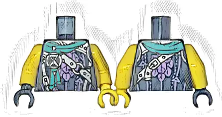 Torso Robe with Medium Lavender Leaves, Arrows and Stitching, Dark Turquoise Scarf, Silver Armor Plates, Belt, Buckles and Hourglass Pattern / Yellow Arms / Yellow Hand Left / Dark Blue Hand Right