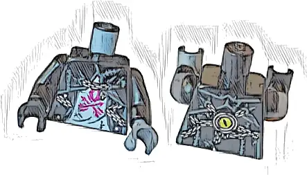 Torso Jacket with Dark Bluish Gray Lines and Silver Chains over White Shirt with Magenta Arrows, Yellow Eye on Back Pattern / Black Arms / Flat Silver Hand Left / Black Hand Right