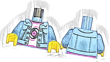 Torso Denim Jacket Open with Silver Buttons over White Shirt with Dark Pink Hems and Black Record Pattern / Bright Light Blue Arms / Yellow Hands