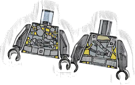 Torso Dark Bluish Gray Tactical Vest with Bright Light Orange Trim, Silver Shoulder Straps, Clasps, and Belt, Metallic Light Blue Arc Reactor Pattern / Black Arms / Black Hands