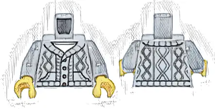 Torso Knit Cable Cardigan Sweater with Dark Bluish Gray Lines, Dark Brown Buttons, and Pockets over White Shirt Pattern / Light Bluish Gray Arms / Yellow Hands