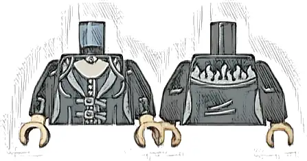 Torso Female Dress Top with Dark Silver Hem, Flames, and Straps, Silver Buckles, Buttons, and Brooch, Light Nougat Neck Pattern / Black Arms / Light Nougat Hands