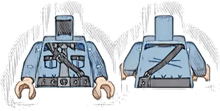 Torso Shirt with Pockets, Black Collar, Dark Blue Shoulders, and Silver Buttons, Belt and Strap with Buckles, Dark Bluish Gray Tie Pattern / Sand Blue Arms / Light Nougat Hands