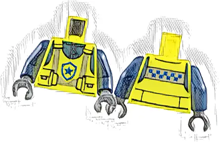 Torso Police Safety Vest with Pouches, Silver Reflective Stripes, and Blue Star Badge Logo over Dark Blue Jacket with Zipper Pattern / Dark Blue Arms / Dark Bluish Gray Hands