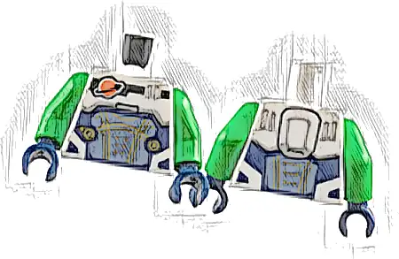 Torso Reddish Orange and Black Classic Space Logo, Sand Blue Panel with Gold Lines, Dark Blue Trim Pattern / Bright Green Arms / Dark Blue Hands