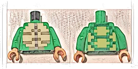 Torso Pixelated Olive Green, Tan and Light Bluish Gray Stomach, Lime and Green Shell on Back Pattern (Minecraft Turtle Skin Warrior) / Bright Green Arms / Nougat Hands
