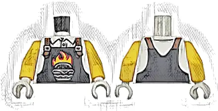 Torso Black Overalls with Burger Outline, Red and Bright Light Orange Flames and Dark Orange Straps over Shirt Pattern / Yellow Arms / White Hands