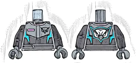 Torso Racing Suit with Dark Pink Pocket and Collar Trim, Dark Turquoise Angled Panels, Black Hawk Head Logo Pattern / Black Arms / Dark Bluish Gray Hands