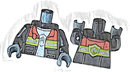 Torso Fire Jacket Open with Pockets, Red Collar, and Silver and Lime Reflective Stripes over White T-Shirt with Fire Logo Badge Pattern / Black Arms / Dark Bluish Gray Hands