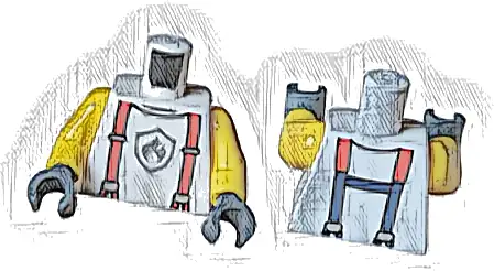 Torso T-Shirt with Black Collar and Silver Fire Logo Badge, Red and Dark Blue Suspenders Pattern / Yellow Arms / Dark Bluish Gray Hands