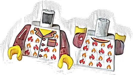 Torso Pajama Shirt with Buttons, Dark Red Pocket and Collar, Red and Orange Flames, Yellow Neck Pattern / Dark Red Arms / Yellow Hands