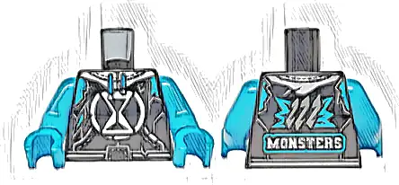 Torso Hoodie with White Hourglass and Hood, Dark Bluish Gray Pockets and Stitching, 'MONSTERS' on Back Pattern / Dark Azure Arms / Dark Azure Hands