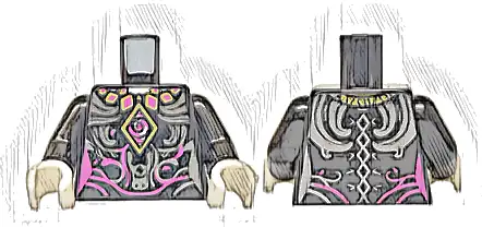 Torso Magenta and Silver Swirls, Gold Diamond and Necklace, Tied on Back Pattern / Black Arms / White Hands