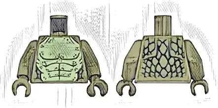 Torso Lizard Costume, Dark Green Scales and Yellowish Green Bare Chest with Olive Green Muscles Pattern / Olive Green Arms / Olive Green Hands