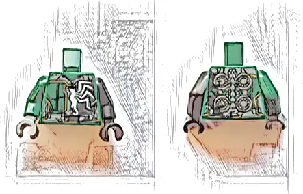 Torso Half Armor / Venom with Dark Bluish Gray and Green Panels, Gold Accents, Silver Circles on Back and Black Smudge Pattern / Black Arm Left / Dark Green Arm Right / Black Hand Left / Dark Bluish G