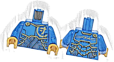 Torso Armor Plates over Dark Blue Tunic, Gold Trim and Ninjago Logogram Letter J, 'JAY' on Back Pattern / Blue Arms / Pearl Gold Hands