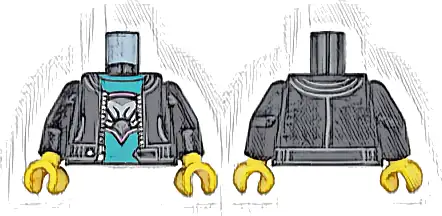 Torso Jacket Open with Pockets and Silver Zipper over Dark Turquoise Shirt with Dark Pink, Dark Bluish Gray, and Light Bluish Gray Hawk Head Logo Pattern / Black Arms / Yellow Hands