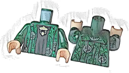 Torso Robe with Silver and Bright Green Circles and Filigree over Black Dress with Silver, Gold, Metallic Light Blue and Yellow Brooch Pattern / Dark Green Arms with Silver and Bright Green Circles an