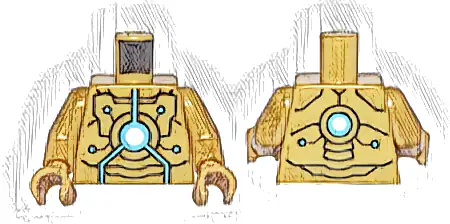 Torso, Armor with Gold and Black Trim and Medium Azure and White Circuitry Pattern / Pearl Gold Arms / Pearl Gold Hands