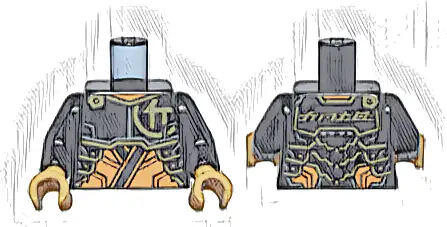Torso Armor Plates over Orange Tunic, Gold Trim and Ninjago Logogram Letter C, 'COLE' on Back Pattern / Black Arms / Pearl Gold Hands