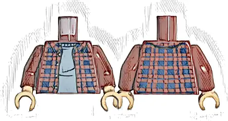 Torso Plaid Flannel Shirt Open with Buttons and Dark Blue Squares over Sand Blue Sweater Pattern / Dark Red Arms / Light Nougat Hands
