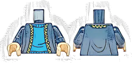 Torso Cardigan with Buttons over Blue Sweater, Dark Green and Dark Tan Checkered Hem Pattern / Dark Blue Arms / Light Nougat Hands