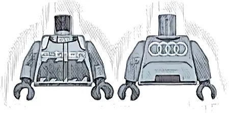 Torso Racing Jacket with White Audi Logo, 'e-tron', and Shoulders, Dark Bluish Gray Panel Pattern / Light Bluish Gray Arms / Dark Bluish Gray Hands