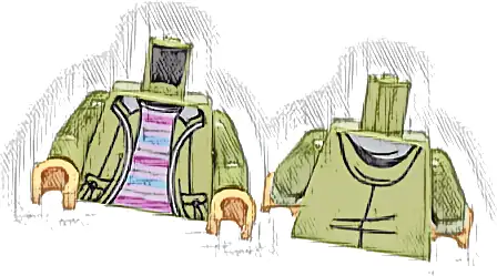 Torso Jacket Open with Hood over Bright Pink Shirt with Dark Pink and Bright Light Blue Stripes Pattern / Olive Green Arms / Medium Tan Hands