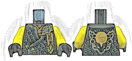Torso Tunic with Dark Bluish Gray Hems, Gold Trim, Dark Orange Shirt, Ninjago Logogram 'MOE', Letter C on Back Pattern / Yellow Arms / Black Hands