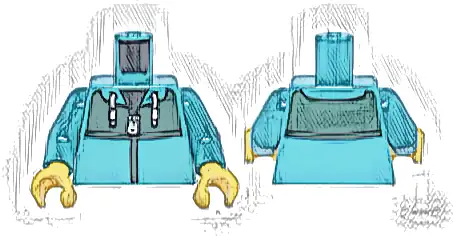 Torso Jacket with White Zipper, Drawstrings, Dark Green Panel and Trim over Black Shirt Pattern / Dark Turquoise Arms / Yellow Hands
