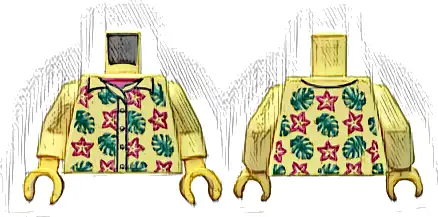 Torso Hawaiian Shirt with Buttons, Magenta Flowers and Dark Turquoise Leaves over Undershirt Pattern / Bright Light Yellow Arms / Yellow Hands