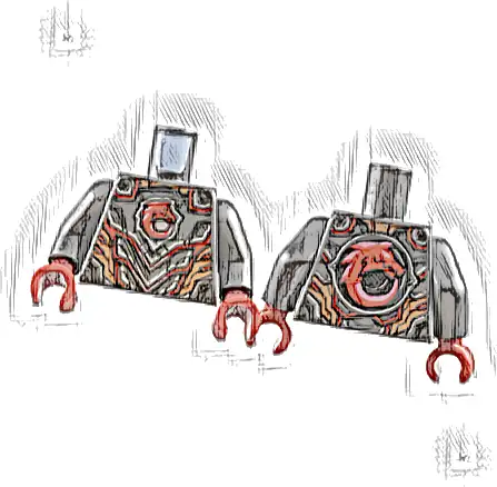 Torso Armor Plates, Red Wolf Head, Silver, Copper and Metallic Pink Lines and Trim Pattern / Pearl Dark Gray Arms / Dark Red Hands