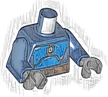 Torso SW Mandalorian Blue Beskar Armor, Reddish Brown Belt with Pouches and Dark Silver Buckle Pattern / Dark Blue Arms / Dark Bluish Gray Hands