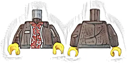 Torso Jacket Open with Black Hem and Silver Zipper over Red Hawaiian Shirt with Flowers and Leaves Pattern / Dark Brown Arms / Yellow Hands