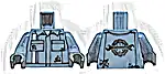 Część LEGO® 973pb5697c01 Tułów uniform mechanika z białymi i ciemnoniebieskimi paskami, czarnymi plamami oleju i kieszeniami na koszuli, klucz francuski i koło z oponą na plecach (wzór) / piaskowoniebieskie ręce / ciemnoszare dłonie