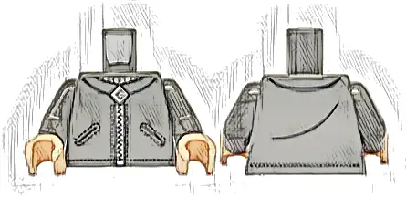 Torso Jacket with Black Pockets, Creases and Stitching, Light Bluish Gray Neck, Silver Zipper and Gru Logo Pattern / Dark Bluish Gray Arms / Light Nougat Hands