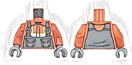 Torso Dark Bluish Gray Overalls with Pockets over Safety Jacket with Bright Light Yellow and Silver Reflective Stripes Pattern / Reddish Orange Arms / Light Bluish Gray Hands